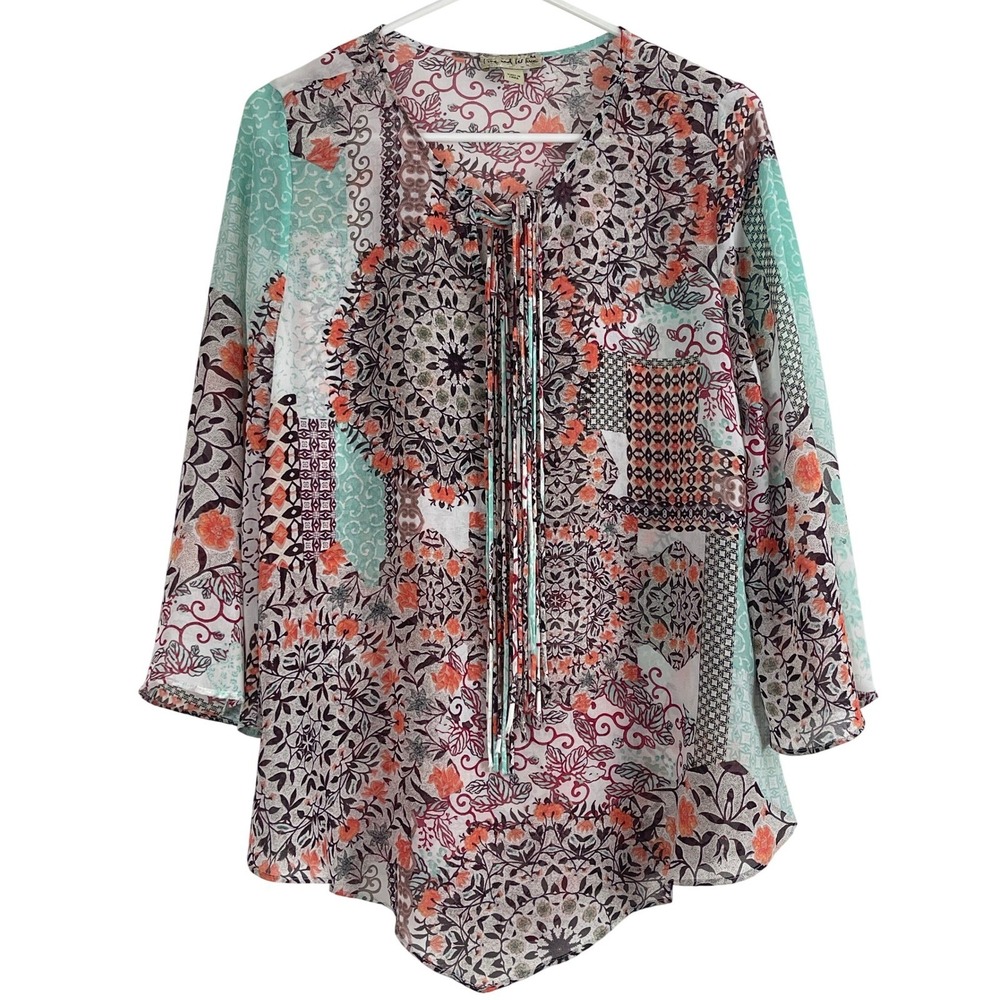 00679 Live and Let Live Patchwork Print Tie Neck Long Sleeve Tunic Top Women's M